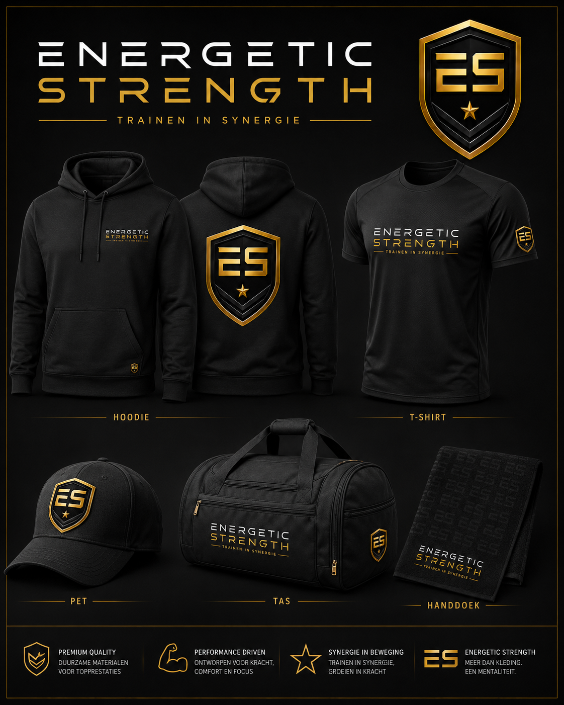 Energetic Strength kledingpakket met hoodie, t-shirt, pet, tas en handdoek voor het 20-weken traject